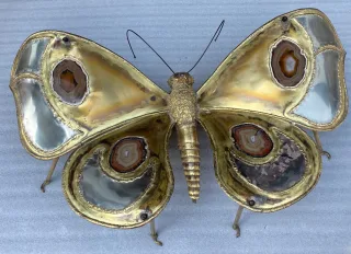1970′ Table Basse Papillon Éclairante Agates Brunes DLG de Duval Brasseur ou Isabelle Faure Ou Fernandez Pour Honoré de Paris 110 X 63 cm