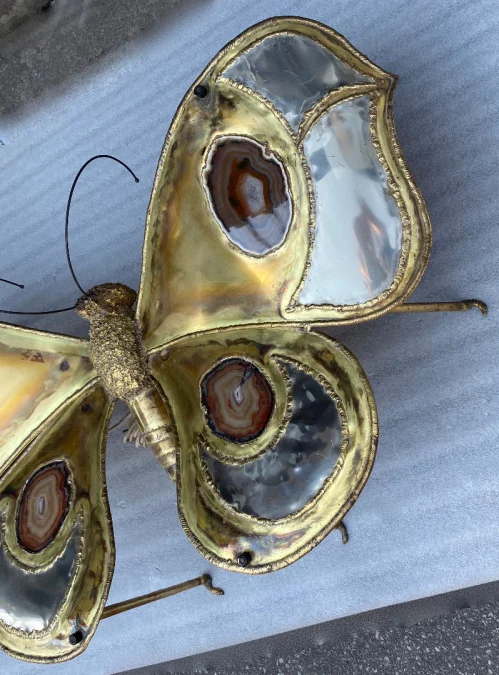 1970′ Illuminating Butterfly Coffee Table DLG Brown Agates by Duval Brasseur or Isabelle Faure Or Fernandez For Honoré de Paris 110 X 63 cm