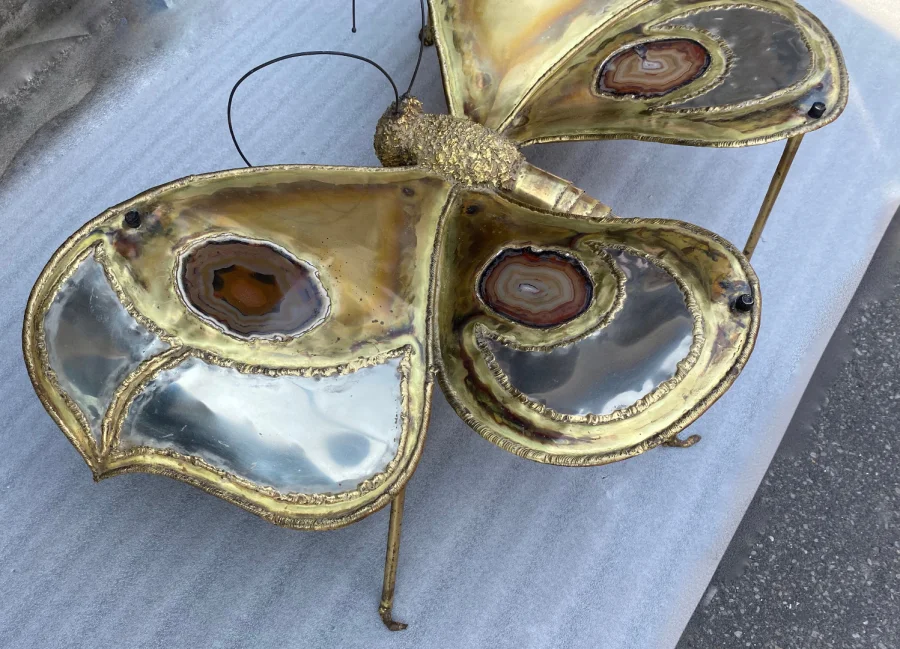 1970′ Illuminating Butterfly Coffee Table DLG Brown Agates by Duval Brasseur or Isabelle Faure Or Fernandez For Honoré de Paris 110 X 63 cm
