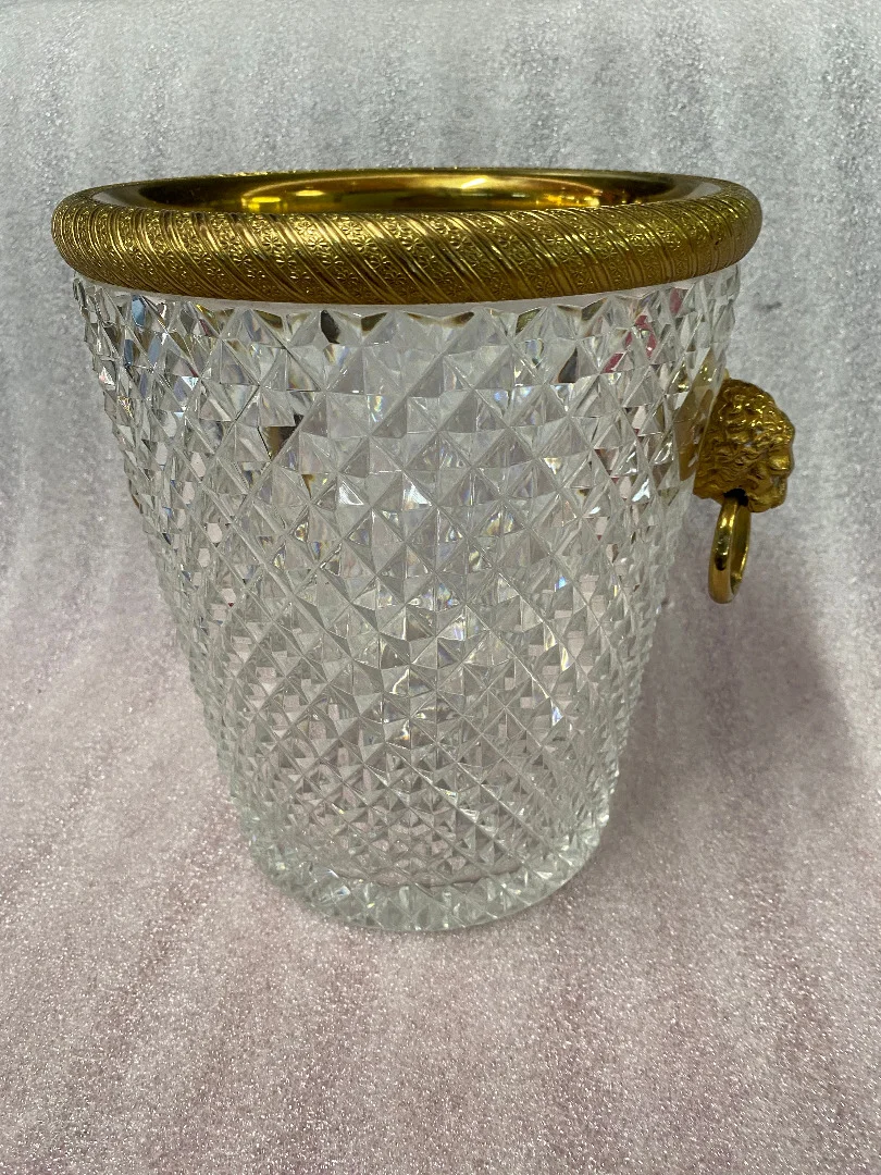 1950-70′ Seau a Champagne Cristal St Louis et Bronze Doré Aux têtes de Lion