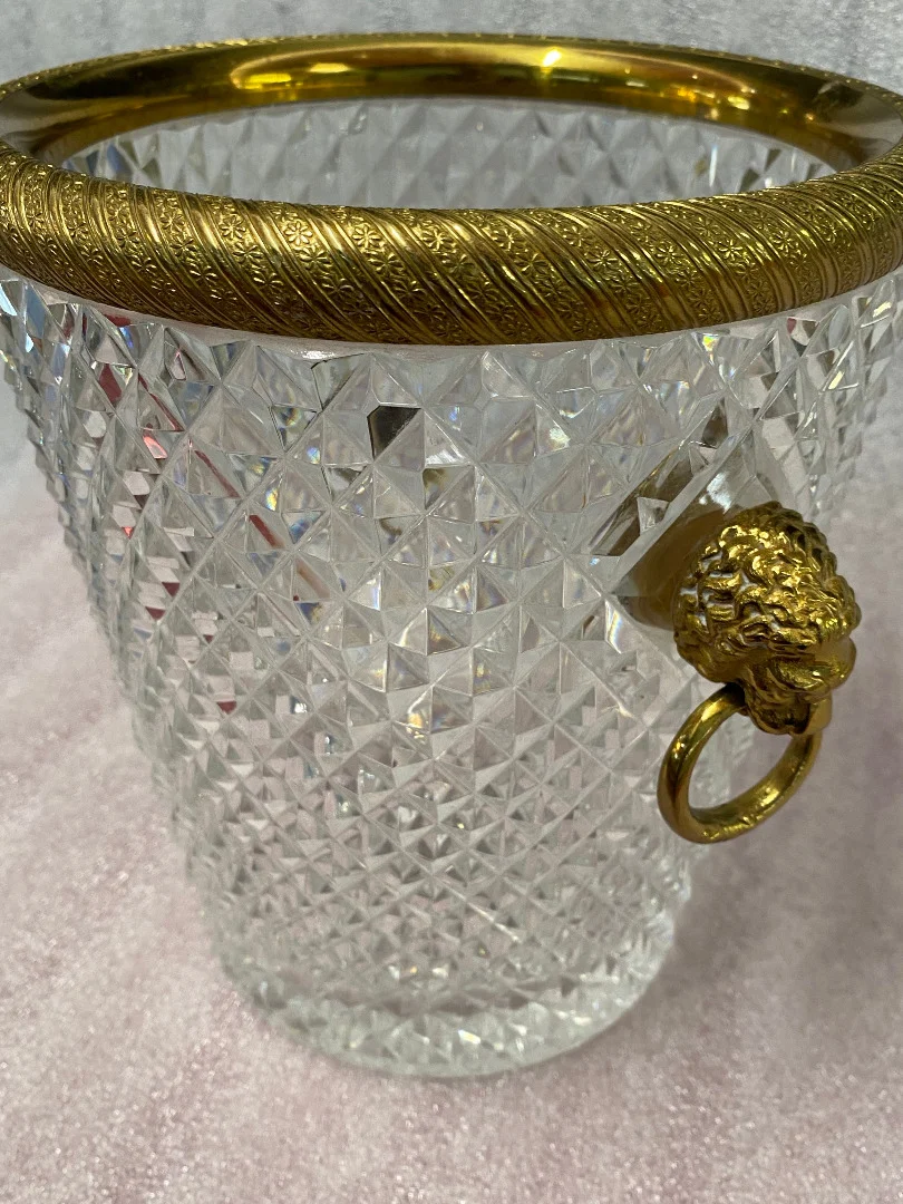 1950-70′ Seau a Champagne Cristal St Louis et Bronze Doré Aux têtes de Lion