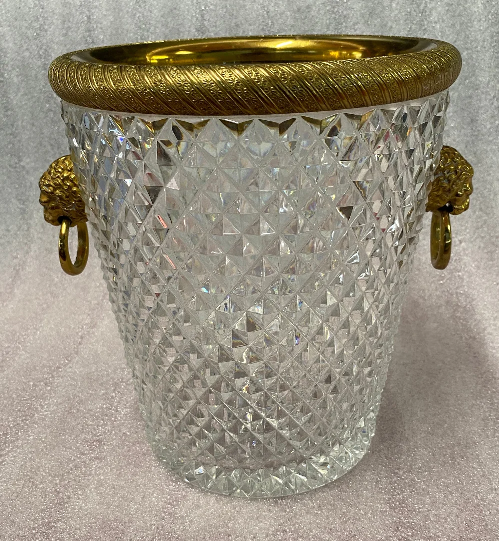 1950-70′ Seau a Champagne Cristal St Louis et Bronze Doré Aux têtes de Lion
