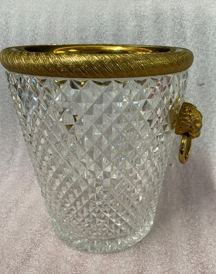 1950-70′ Seau a Champagne Cristal St Louis et Bronze Doré Aux têtes de Lion