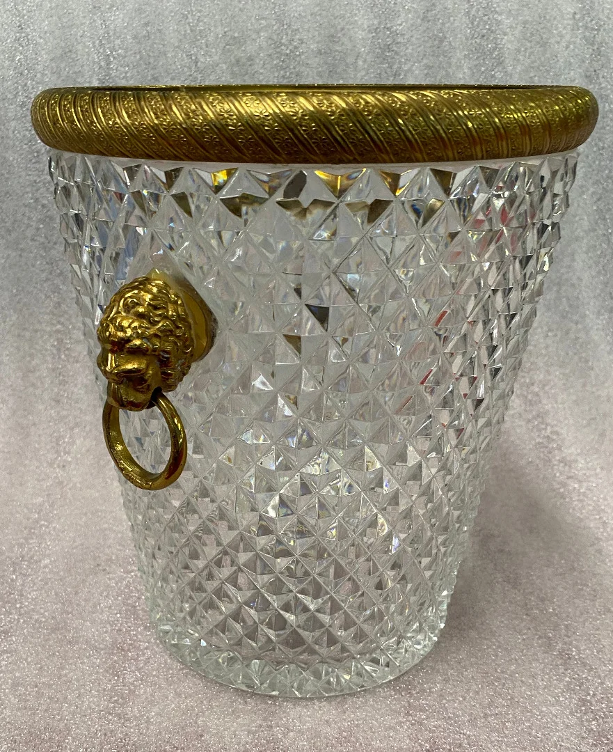 1950-70′ Crystal St Louis And Gilt Bronze Champagne Bucket With Lion’s Heads