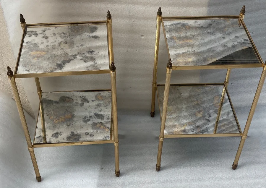 1970′ Pair of Square Side Tables Maison Baguès Silver Oxidized Mirror Trays With Fire Pots 34X34X H 59 cm