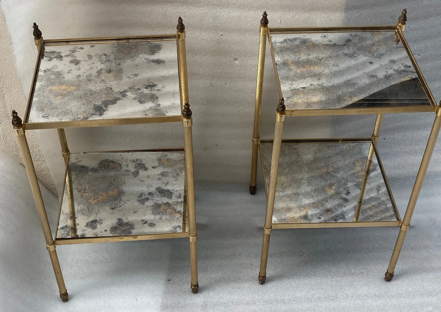 1970′ Pair of Square Side Tables Maison Baguès Silver Oxidized Mirror Trays With Fire Pots 34X34X H 59 cm