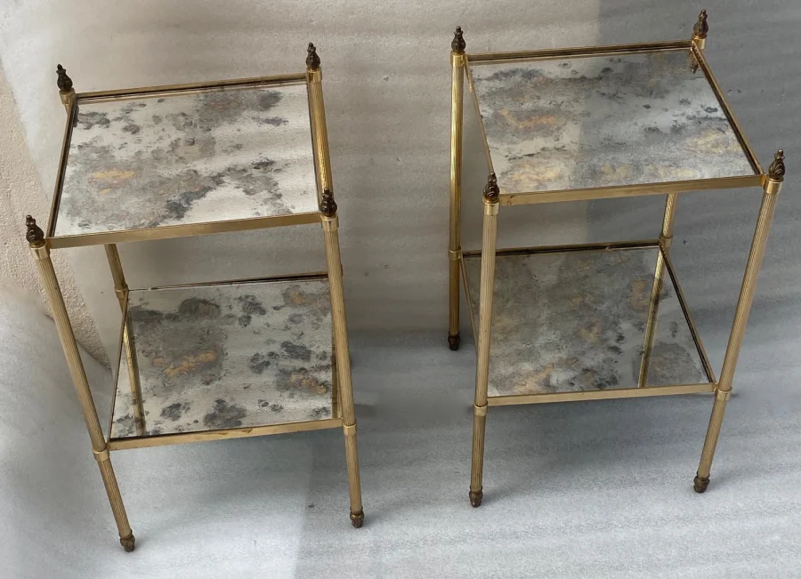 1970′ Pair of Square Side Tables Maison Baguès Silver Oxidized Mirror Trays With Fire Pots 34X34X H 59 cm