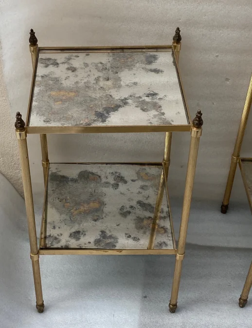 1970′ Pair of Square Side Tables Maison Baguès Silver Oxidized Mirror Trays With Fire Pots 34X34X H 59 cm