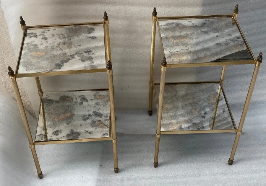 1970′ Pair of Square Side Tables Maison Baguès Silver Oxidized Mirror Trays With Fire Pots 34X34X H 59 cm