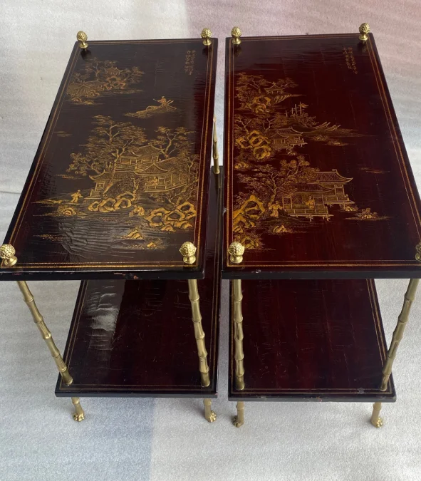 1950 ‘ Pair of Tables Maison Bagués Bronze Style Bamboo Golden With Trays Lacquers of China 65 X 32,5 X H 59 cm