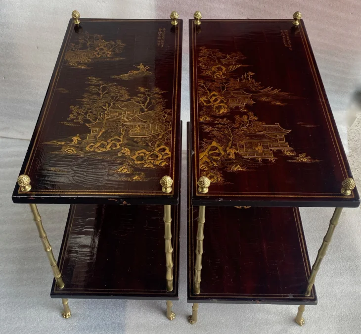 1950 ‘ Pair of Tables Maison Bagués Bronze Style Bamboo Golden With Trays Lacquers of China 65 X 32,5 X H 59 cm