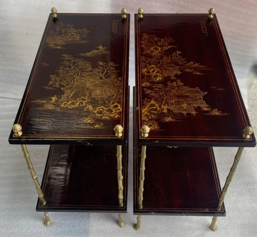 1950 ‘ Pair of Tables Maison Bagués Bronze Style Bamboo Golden With Trays Lacquers of China 65 X 32,5 X H 59 cm