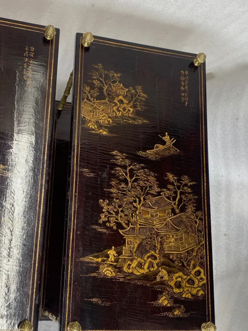 1950 ‘ Pair of Tables Maison Bagués Bronze Style Bamboo Golden With Trays Lacquers of China 65 X 32,5 X H 59 cm
