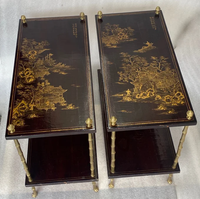 1950 ‘ Pair of Tables Maison Bagués Bronze Style Bamboo Golden With Trays Lacquers of China 65 X 32,5 X H 59 cm