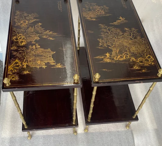 1950 ‘ Pair of Tables Maison Bagués Bronze Style Bamboo Golden With Trays Lacquers of China 65 X 32,5 X H 59 cm