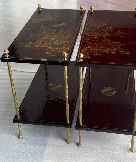 1950 ‘ Pair of Tables Maison Bagués Bronze Style Bamboo Golden With Trays Lacquers of China 65 X 32,5 X H 59 cm