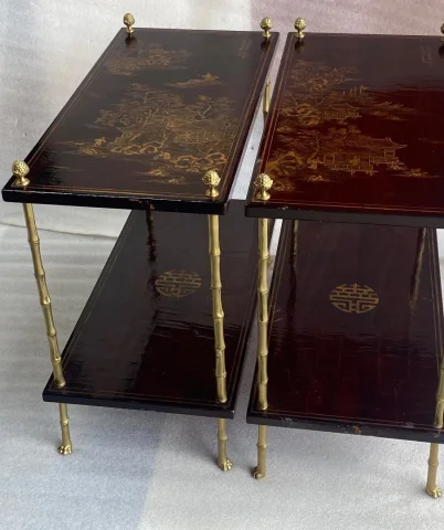 1950 ‘ Pair of Tables Maison Bagués Bronze Style Bamboo Golden With Trays Lacquers of China 65 X 32,5 X H 59 cm