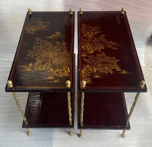 1950 ‘ Pair of Tables Maison Bagués Bronze Style Bamboo Golden With Trays Lacquers of China 65 X 32,5 X H 59 cm