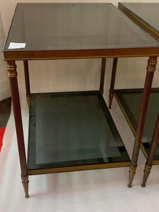 1950/70′ Pair Of End Tables In Brass At 2 Levels Maison Jansen Smoked Glass Trays 56 X 40 X H 54 cm