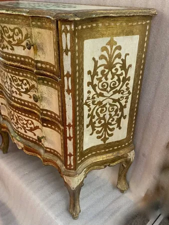 1970′ Commode Arbalète 3 Tiroirs Bois Doré Style Renaissance Italienne 78 X 32 X H 78 cm