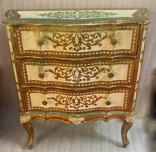 1970′ Commode Arbalète 3 Tiroirs Bois Doré Style Renaissance Italienne 78 X 32 X H 78 cm