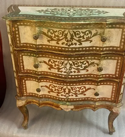 1970′ Commode Arbalète 3 Tiroirs Bois Doré Style Renaissance Italienne 78 X 32 X H 78 cm