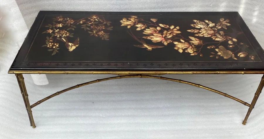 1970′ Double Feet Coffee Table Bronze Model Bamboo Maison Baguès Chinese Lacquer 112 x 54 x H 38 cm