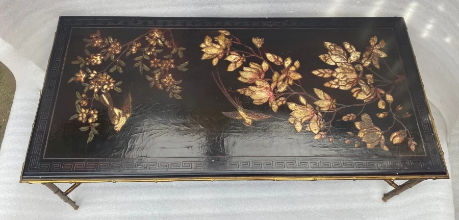 1970′ Double Feet Coffee Table Bronze Model Bamboo Maison Baguès Chinese Lacquer 112 x 54 x H 38 cm