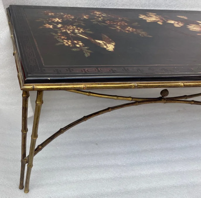 1970′ Double Feet Coffee Table Bronze Model Bamboo Maison Baguès Chinese Lacquer 112 x 54 x H 38 cm