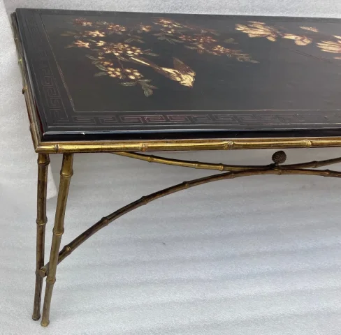 1970′ Table Basse Double Piétement Bronze Modèle Bambou Maison Baguès Laque De Chine 112 x 54 x H 38 cm