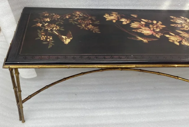 1970′ Table Basse Double Piétement Bronze Modèle Bambou Maison Baguès Laque De Chine 112 x 54 x H 38 cm
