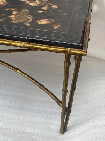 1970′ Table Basse Double Piétement Bronze Modèle Bambou Maison Baguès Laque De Chine 112 x 54 x H 38 cm