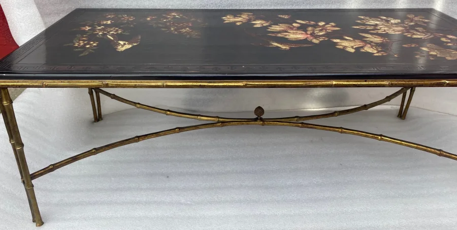 1970′ Double Feet Coffee Table Bronze Model Bamboo Maison Baguès Chinese Lacquer 112 x 54 x H 38 cm