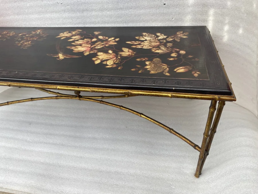 1970′ Double Feet Coffee Table Bronze Model Bamboo Maison Baguès Chinese Lacquer 112 x 54 x H 38 cm