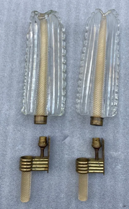 1950/70 Pair Of BAROVIER & TOSO Or Veronese Style Sconces For Arbus In Murano Crystal 46 x 14 cm