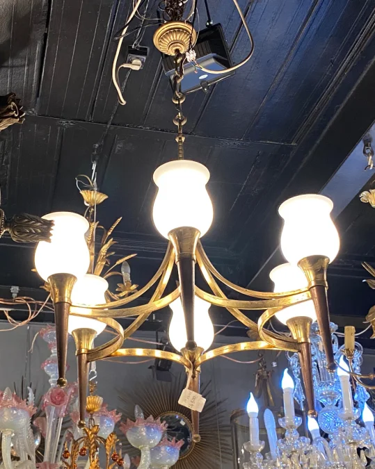 1920/50′ Pair Of Bronze And Brass Chandeliers With Arbus Style Arrow By Maison Jansen 6 Bulbs