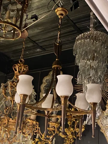 1920/50′ Paire De Lustres Bronze et Laiton Avec Flèche Style Arbus Par Maison Jansen 6 Ampoules