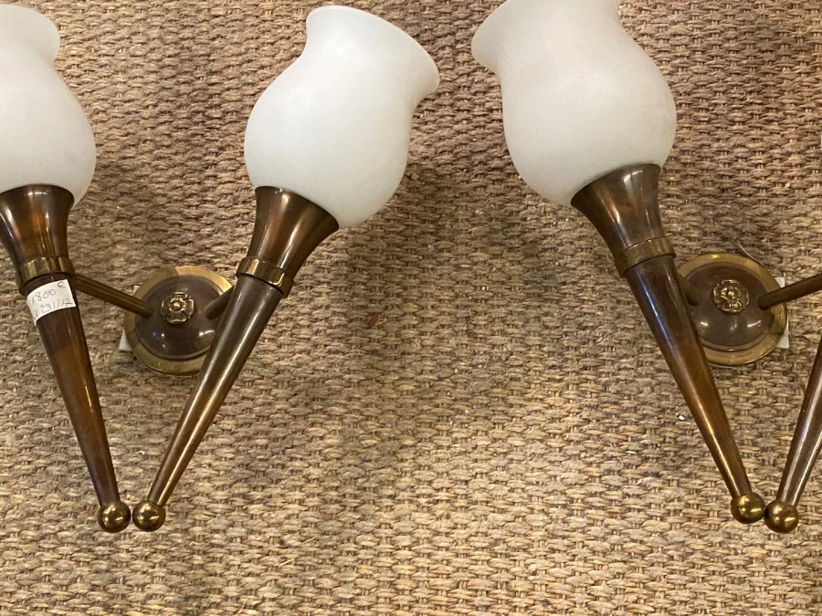 1920/50′ Pair Of Bronze And Brass Chandeliers With Arbus Style Arrow By Maison Jansen 6 Bulbs