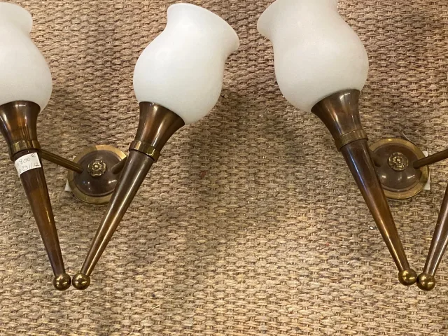 1920/50′ Paire De Lustres Bronze et Laiton Avec Flèche Style Arbus Par Maison Jansen 6 Ampoules