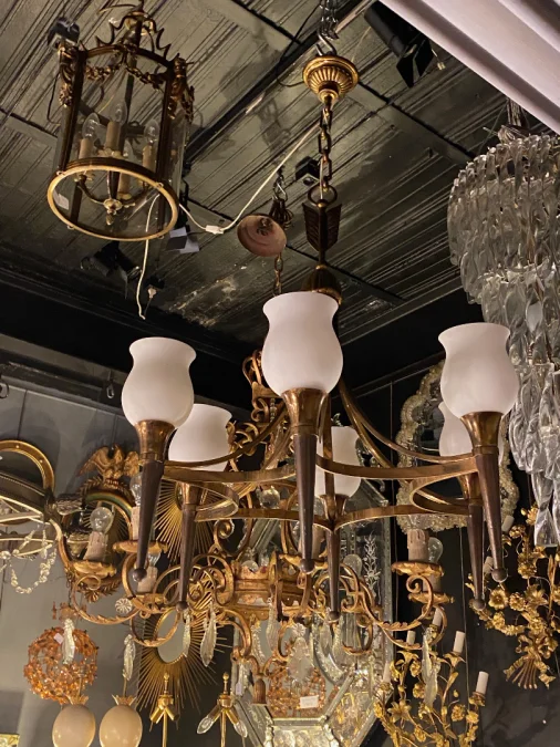 1920/50′ Pair Of Bronze And Brass Chandeliers With Arbus Style Arrow By Maison Jansen 6 Bulbs