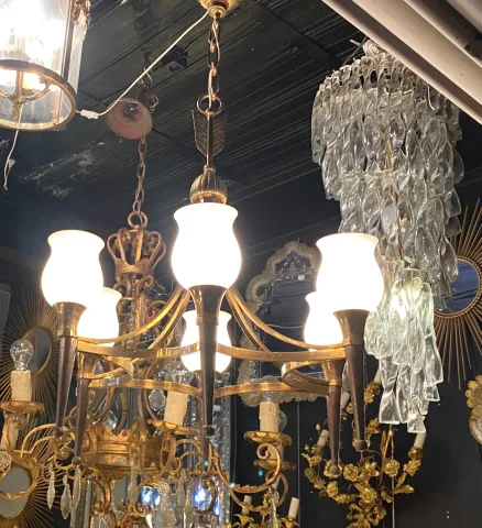 1920/50′ Paire De Lustres Bronze et Laiton Avec Flèche Style Arbus Par Maison Jansen 6 Ampoules