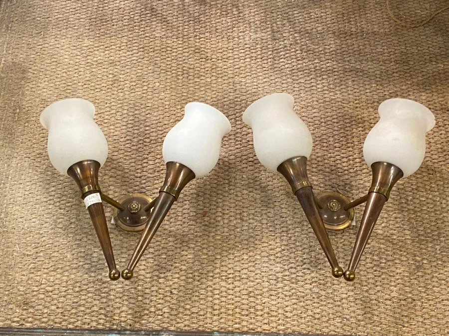 1920/50′ Pair Of Bronze And Brass Chandeliers With Arbus Style Arrow By Maison Jansen 6 Bulbs