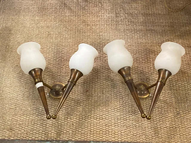 1920/50′ Paire De Lustres Bronze et Laiton Avec Flèche Style Arbus Par Maison Jansen 6 Ampoules