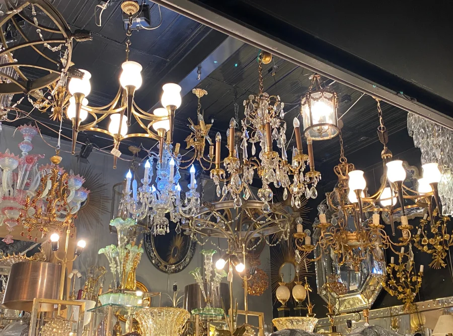 1920/50′ Pair Of Bronze And Brass Chandeliers With Arbus Style Arrow By Maison Jansen 6 Bulbs