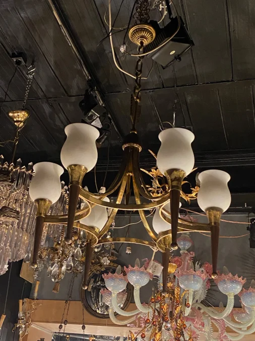1920/50′ Pair Of Bronze And Brass Chandeliers With Arbus Style Arrow By Maison Jansen 6 Bulbs