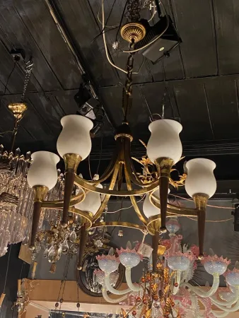 1920/50′ Paire De Lustres Bronze et Laiton Avec Flèche Style Arbus Par Maison Jansen 6 Ampoules