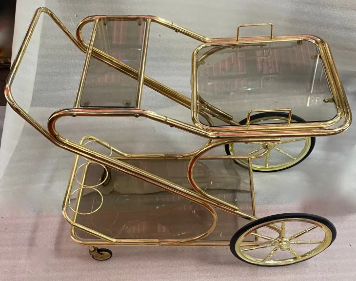 1970′ Large Golden Iron Rolling Trolley With Removable Tray Provenance Parisian Palace