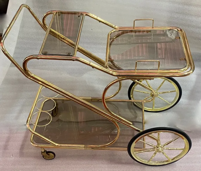 1970′ Large Golden Iron Rolling Trolley With Removable Tray Provenance Parisian Palace