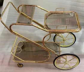 1970′ Large Golden Iron Rolling Trolley With Removable Tray Provenance Parisian Palace