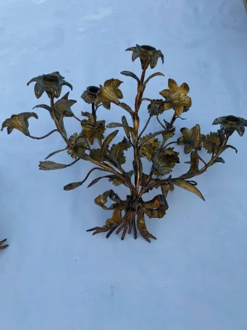 1880′ Paire d’Appliques en Bronze Doré Patiné à Décor Floral 5 Bras de Lumière